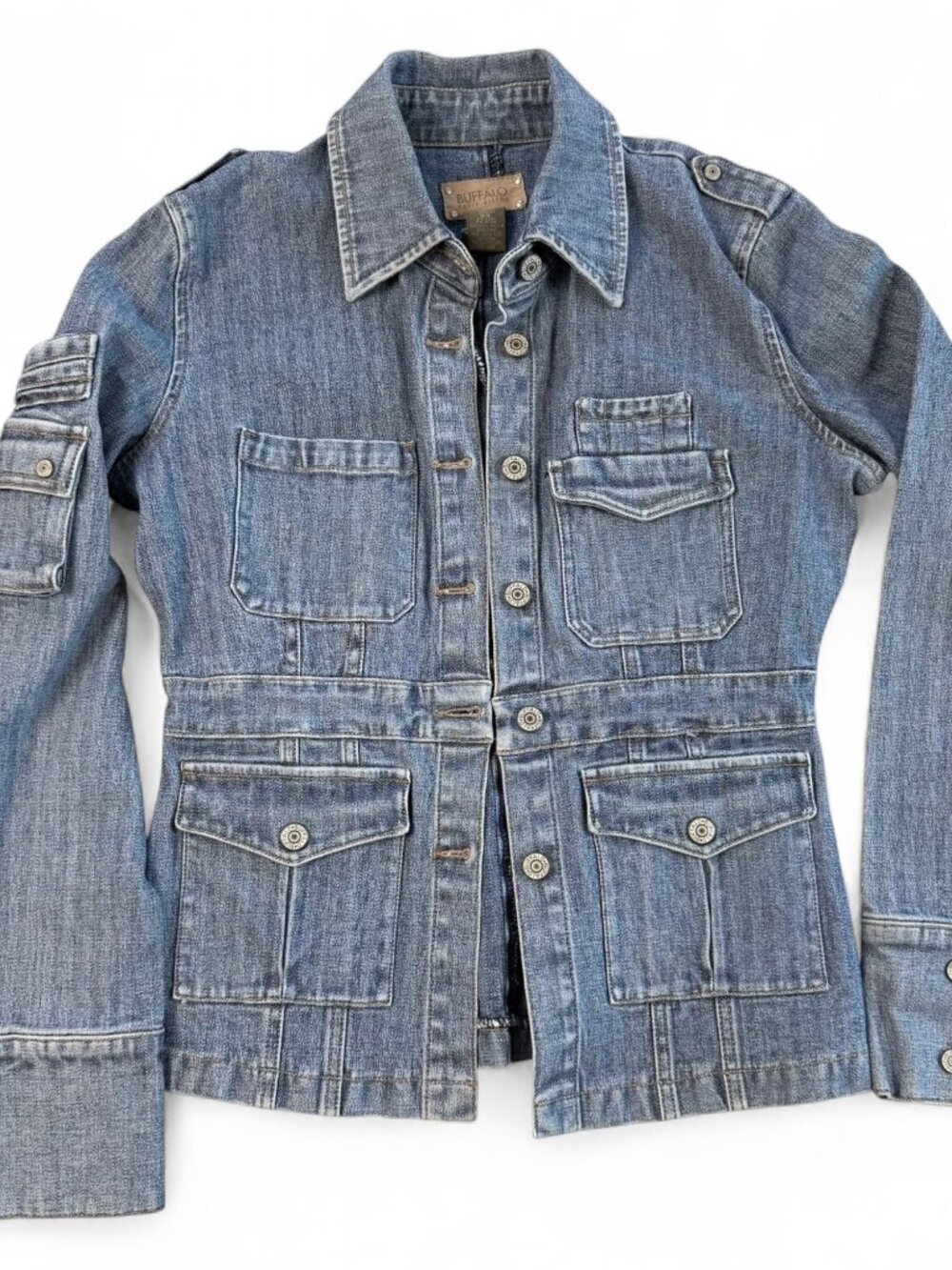 Buffalo by David Bitton Women's L Blue Herringbone Denim Jacket Snap Button